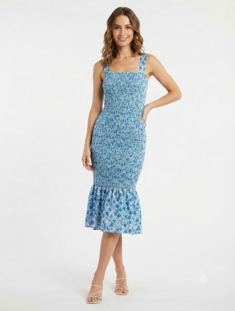 Fashion Women’s Blue Floral Square Neck Smocked Stretch Midi Dress Size M
