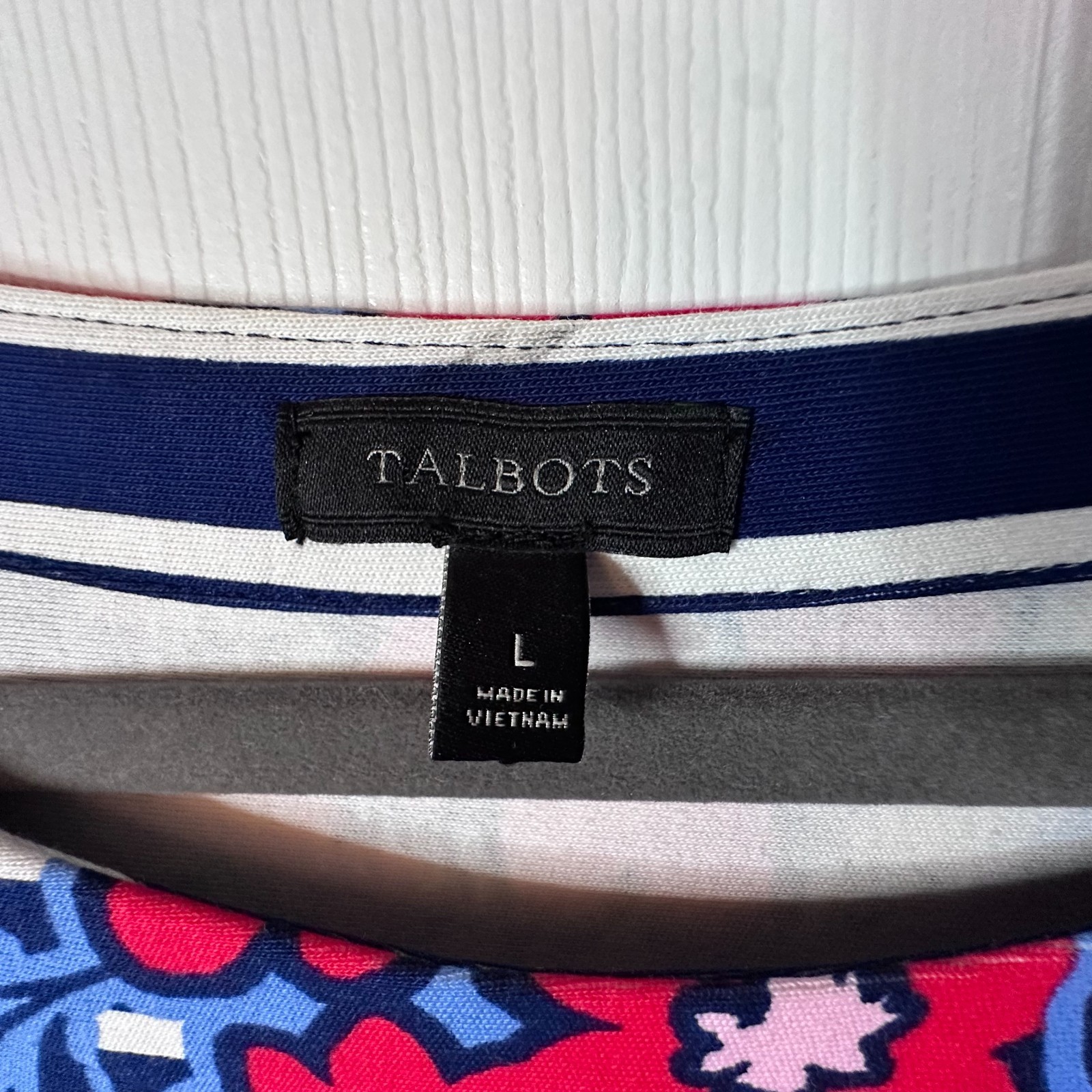 Talbots Large Navy & White Stripe Red Floral Midi Shift Dress Nautical Patriotic