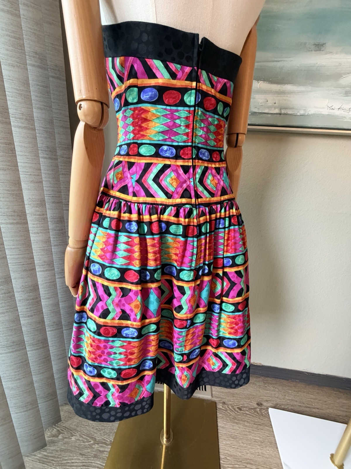 🌹 A.J. Bari Multicolor Silk Geometric Fit & Flare Strapless Knee Dress Size 12