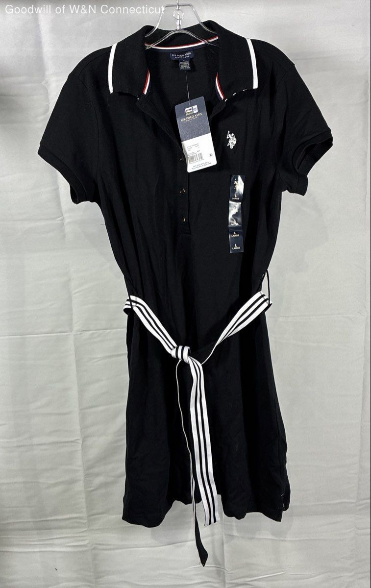 U.S. Polo Assn. Women’s Black Short Sleeve Polo Dress Striped Belt NWT Sz L
