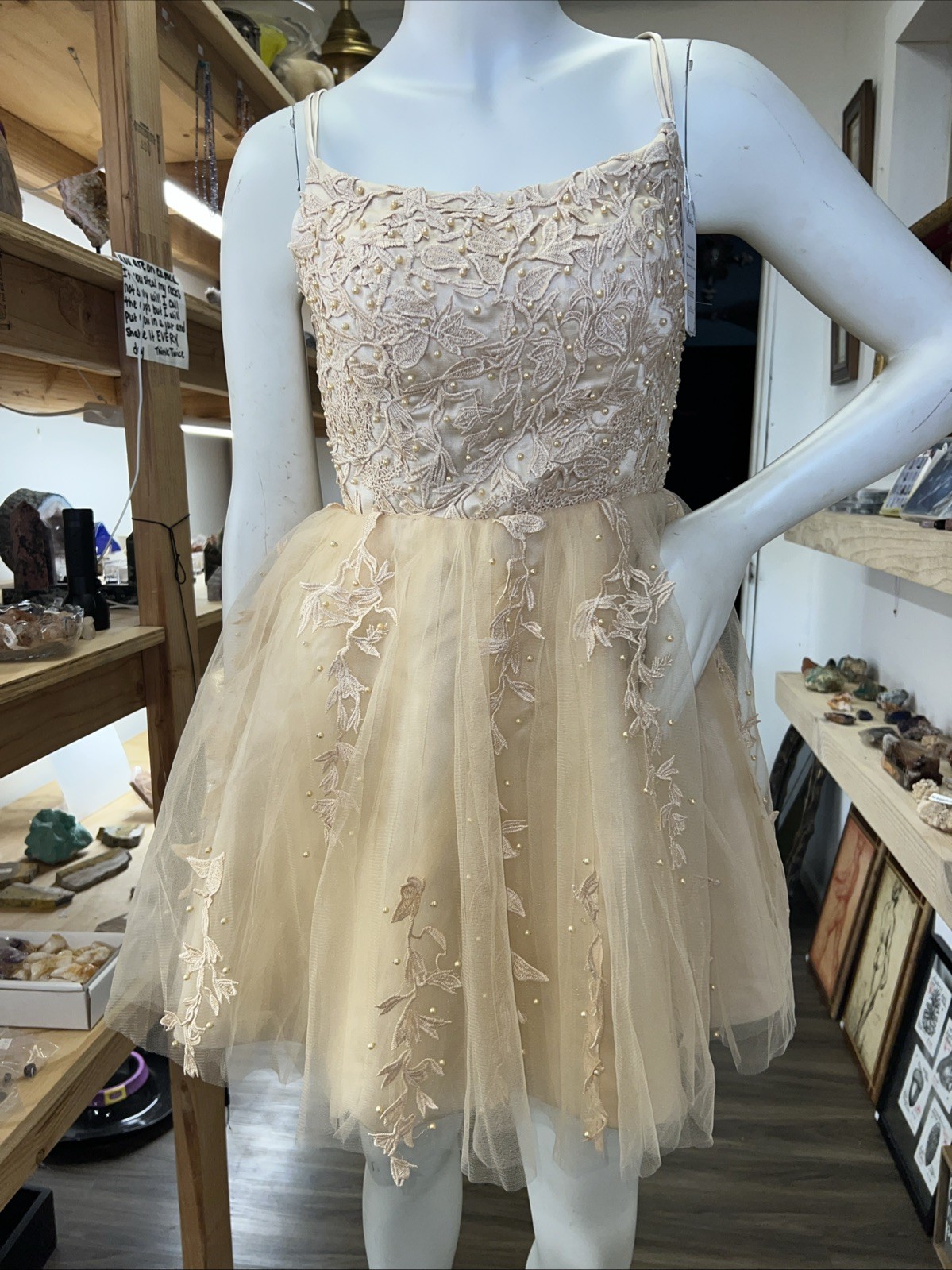 Champagne Ivory Tulle Short Prom Wedding Formal Beaded Lace Dress Sz S NWT