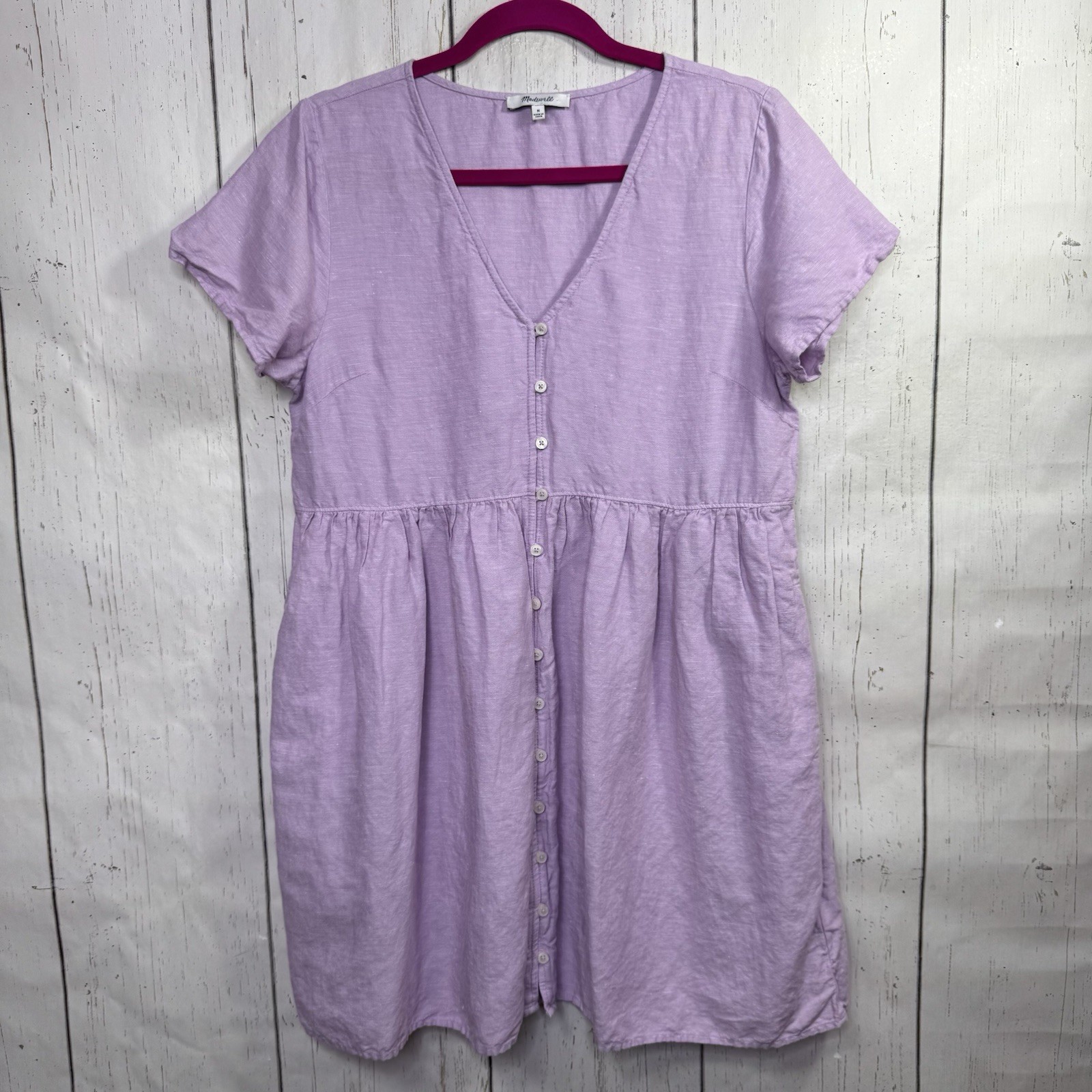 Madewell Babydoll Mini Dress M Lilac Linen Blend Button Front Empire Waist Boho