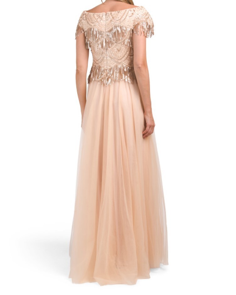 Tadashi Shoji Ruby Sequin Fringe Tulle Gown Evening Maxi Dress Peach Size 6 / S