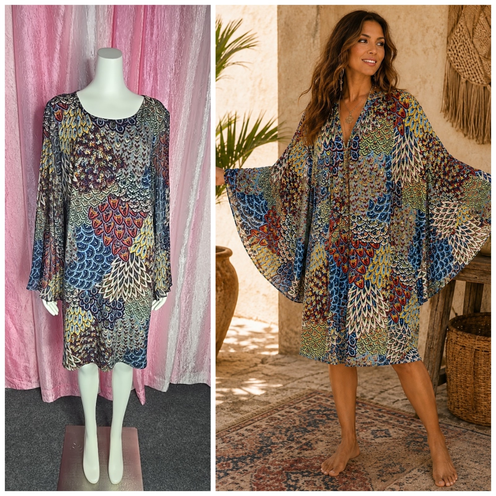 Ivy Road Colorful Peacock Print Sheer Boho Bell Sleeve Shift Dress Size XL