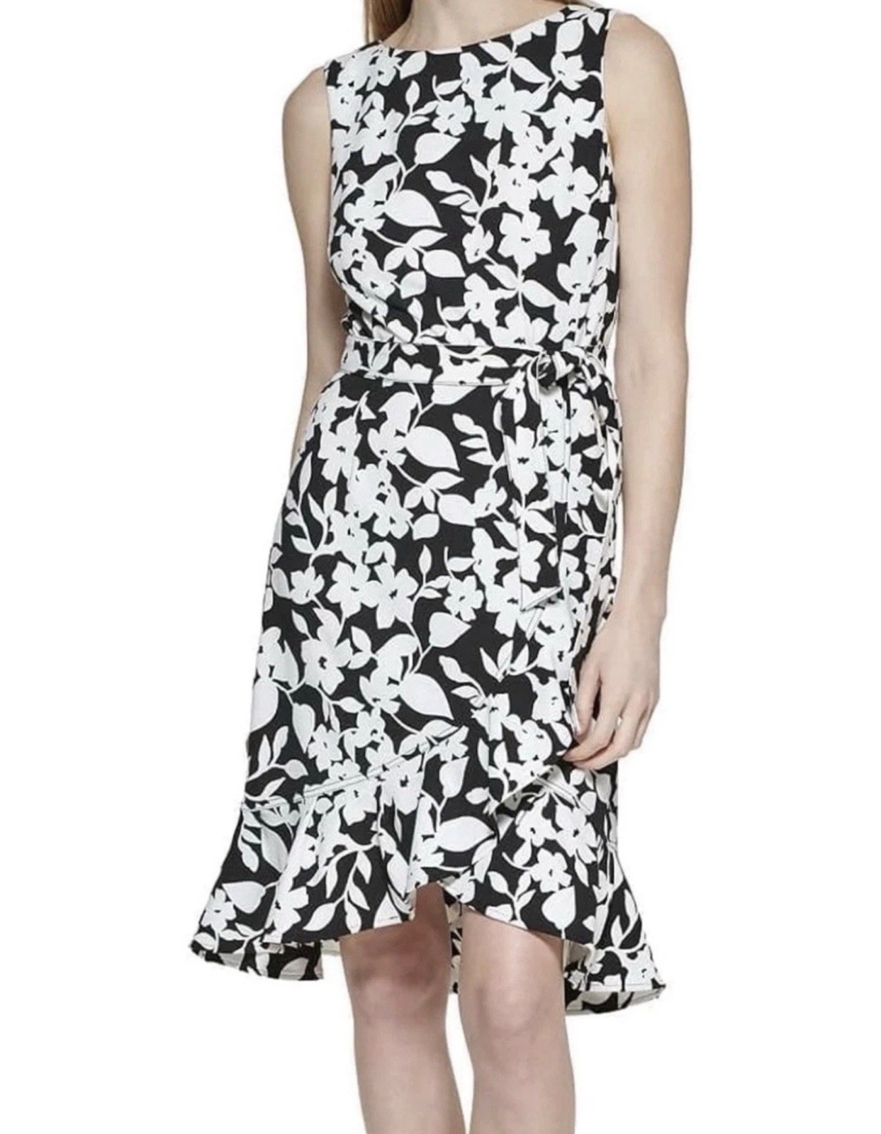 Calvin Klein Womens Black Floral Ruffle Sleeveless Dress Size 10 $119
