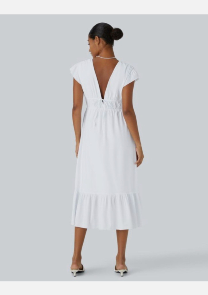Halara V Neck Butterfly Sleeve Backless Pocket Ruffle Hem Midi Dress, XL, NWT