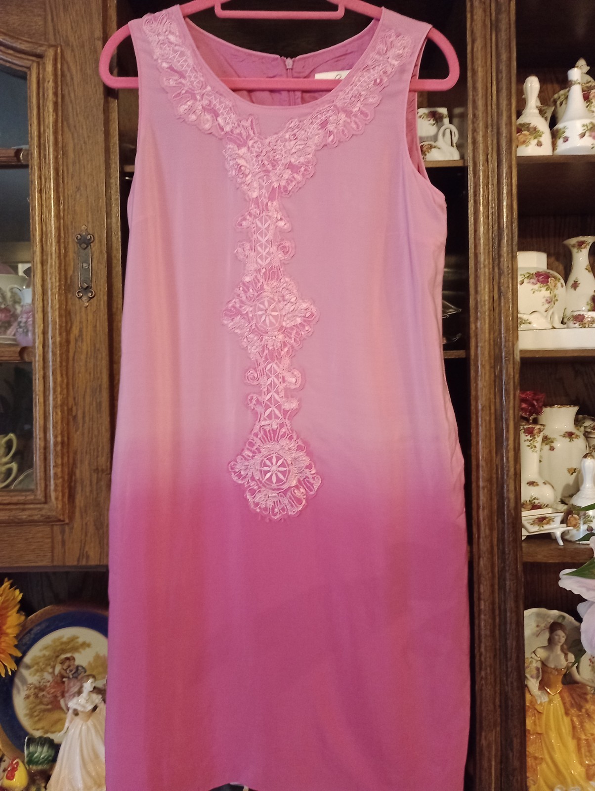 Damsel in a Dress Pure Silk Pink Ombre Shift Dress Embroidered Lace. Lined UK 12