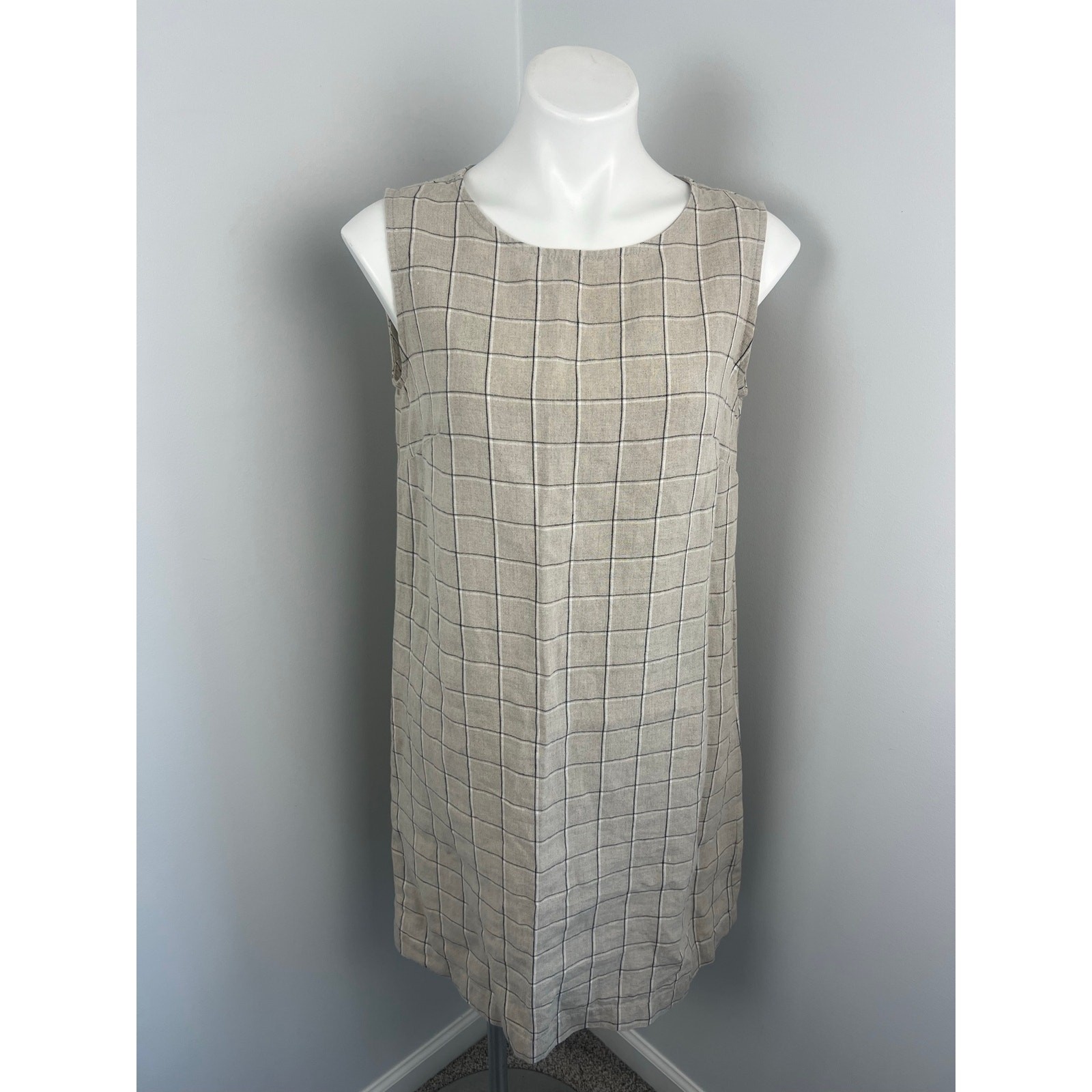 Linenfox Tan Black Check Print Sheath Dress Medium