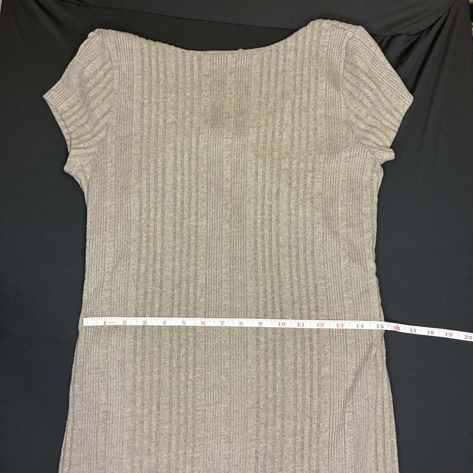 Timing Rayon Gray Ribbed Knit V-Neck Cap Sleeve Sheath Dress XL Knee Length