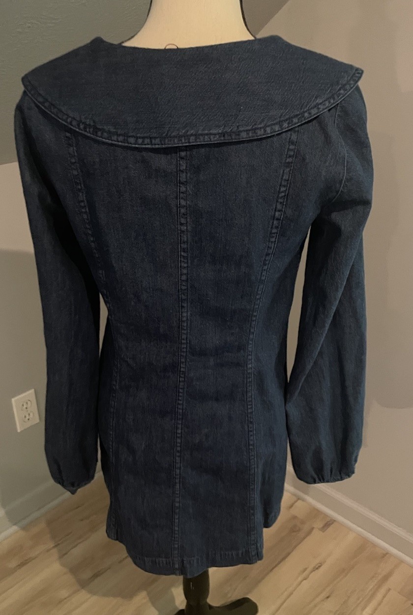 Zara Peter Pan Large Collar Denim Mini Shirt Dress Size L Long Sleeve Dark Wash
