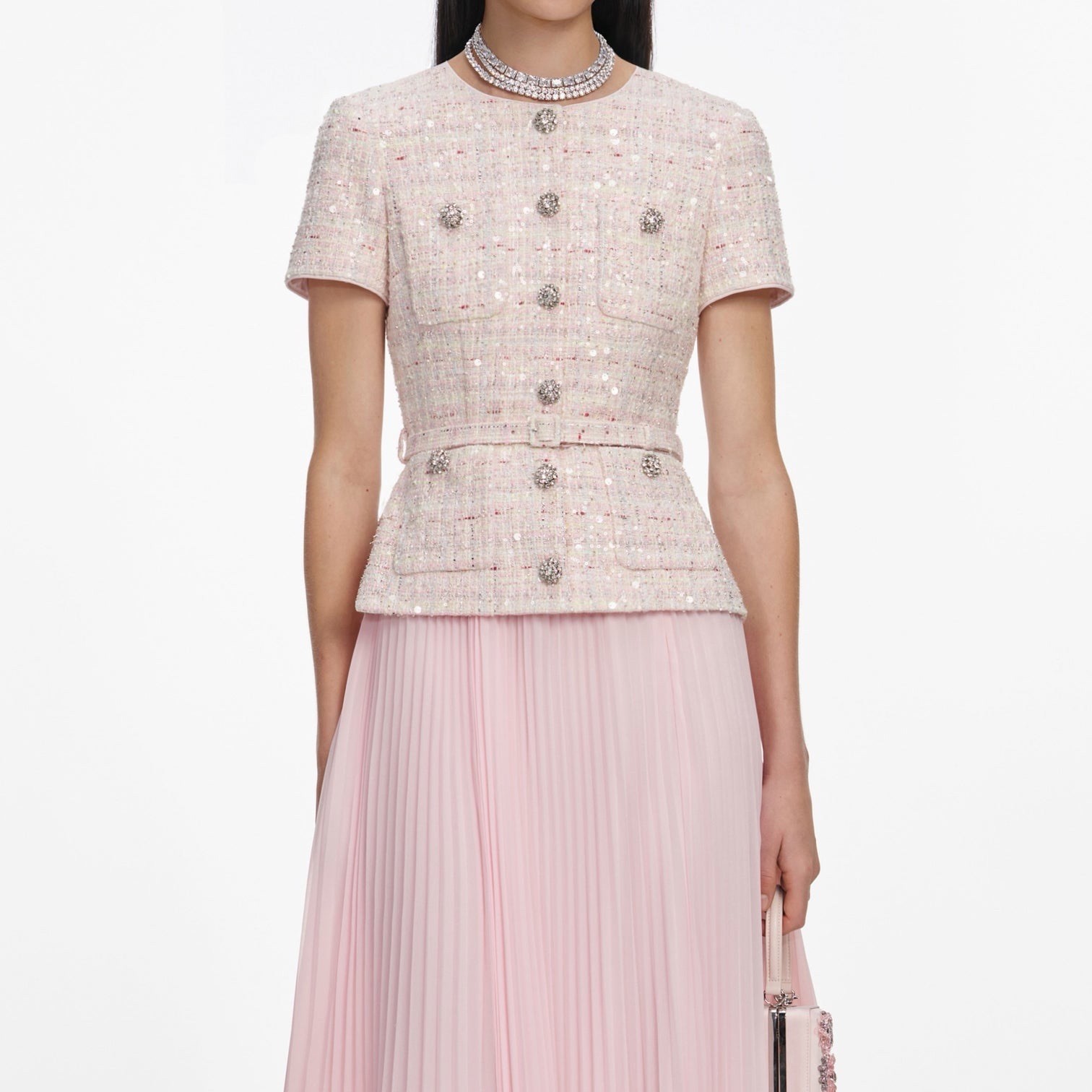 self portrait PINK SEQUIN BOUCLE TAILORED MIDI DRESS $ 750 Size US 0 UK 4