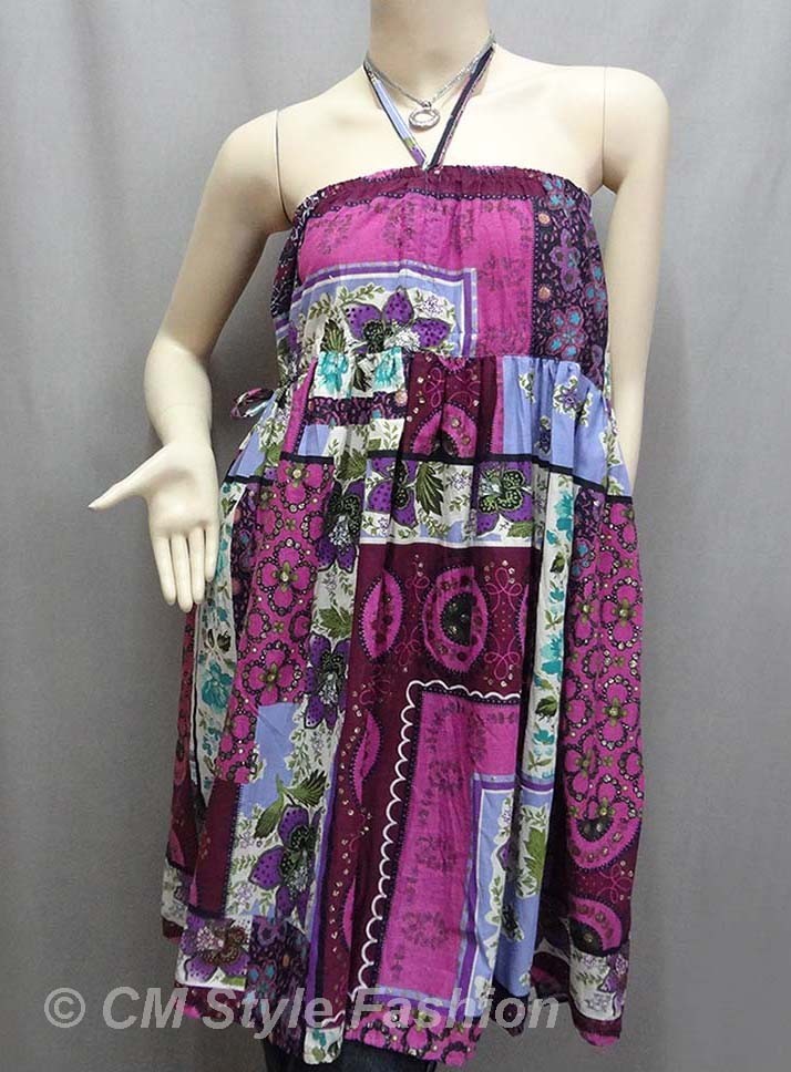 Halter Ethnic Batik Print Bohemian Tunic Dress / Skirt Purple S