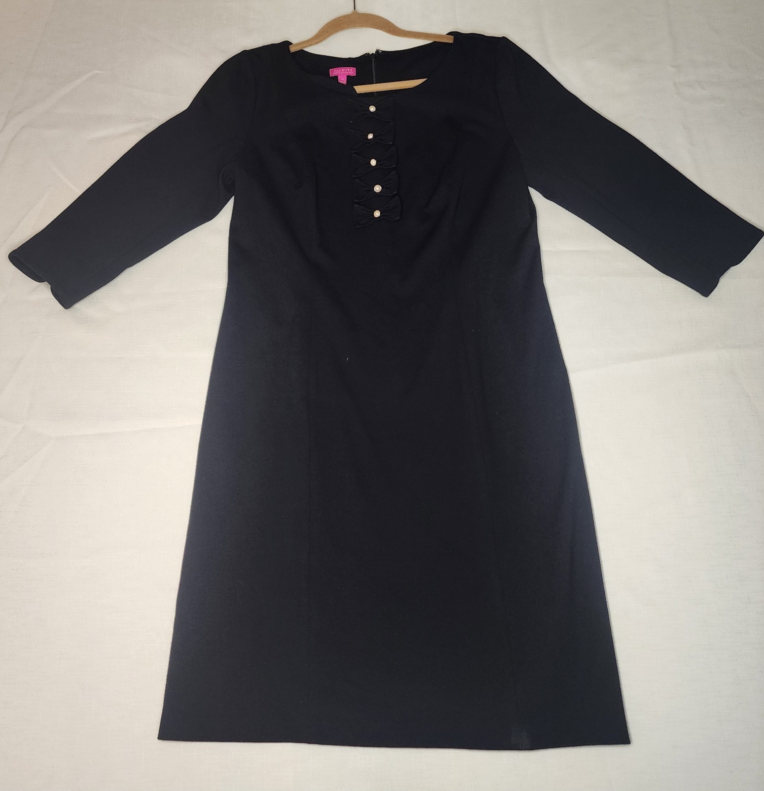 Talbots Dress Womens 10 Black Bow Tie Pearl Button Sheath Whimsygoth Limited Ed
