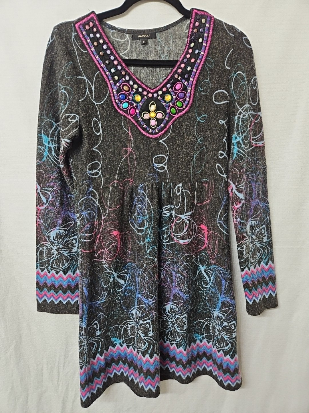 Womens Sz Small Radzoli Fleece Dress Embroidered Beads Art To Wear Floral Boho
