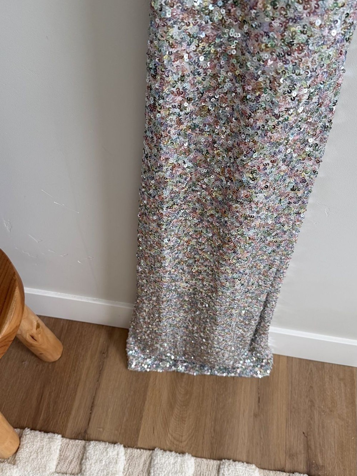 Showpo Halter Neck Cross Back Sequin Maxi Dress in Rainbow Silver