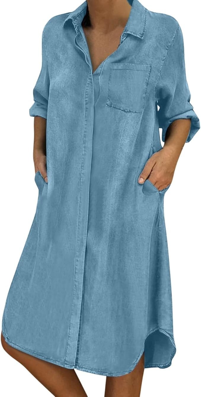 Women Summer Knee Length Shirt Long Sleeve Summer Dress Tunic Shirt Dress
