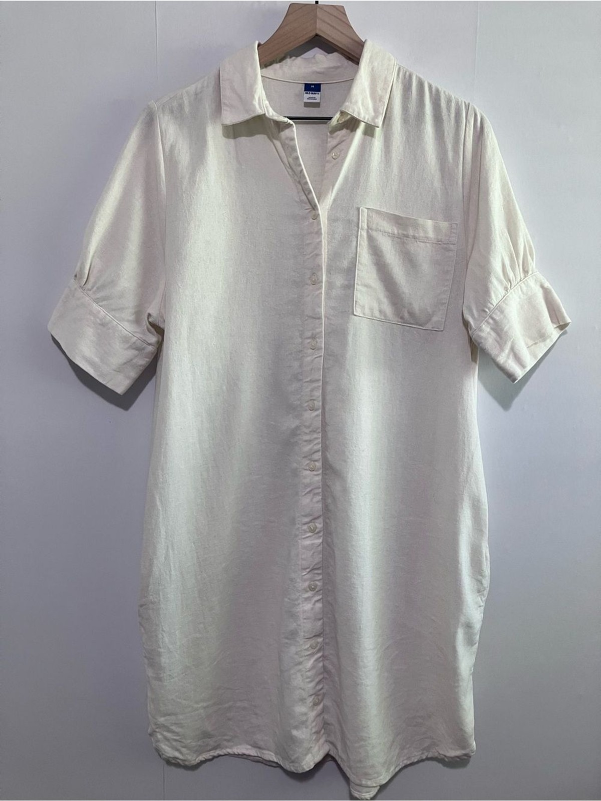 Old Navy Cream/ivory Linen Short Sleeve Button Shirt Dress Pockets