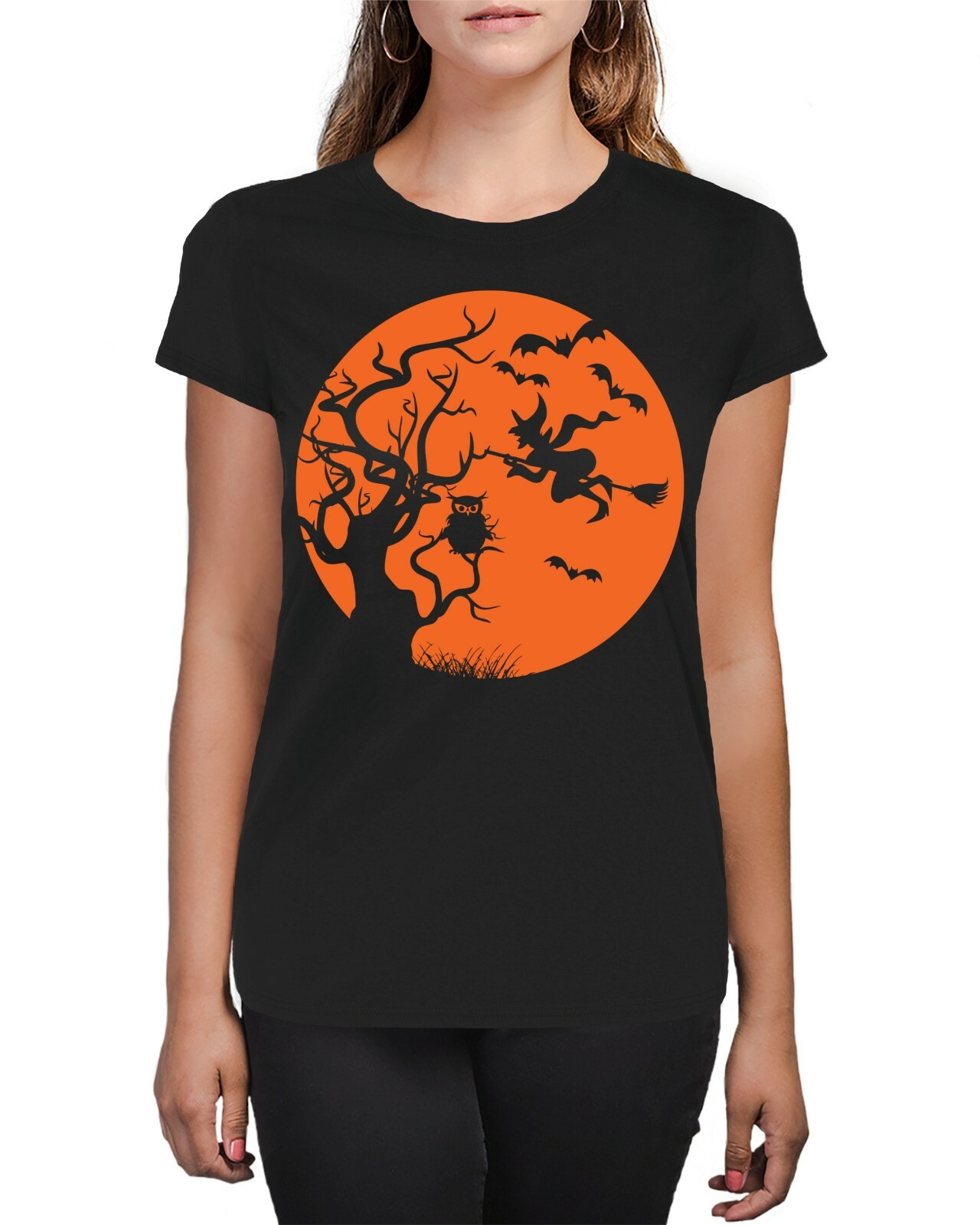 Pumpkin Owl Witch Trick Or Treat Halloween Silhouette Women’s T-Shirt