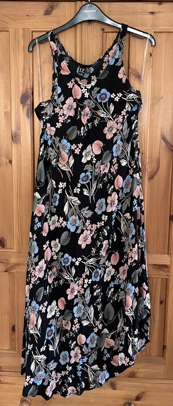 Izabel London Black Floral Sleeveless Midi Summer Dress, Women’s UK 8
