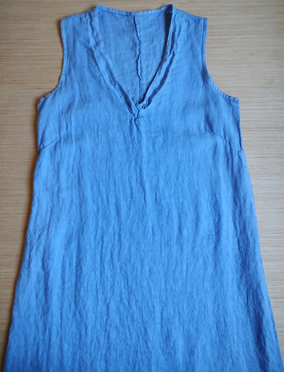 Francesca Bettini Midi Periwinkle Blue 100% Linen Dress Ruffle Hem V Neck Size M