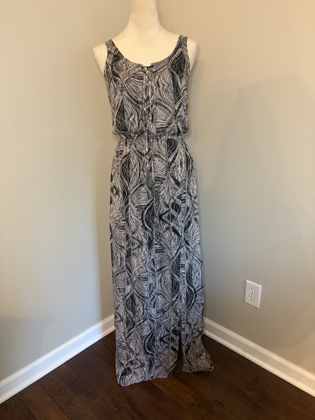 Ella Moss Maxi Dress 100% Silk Black Pink Floral Lace Up Slit Lined A-line Small