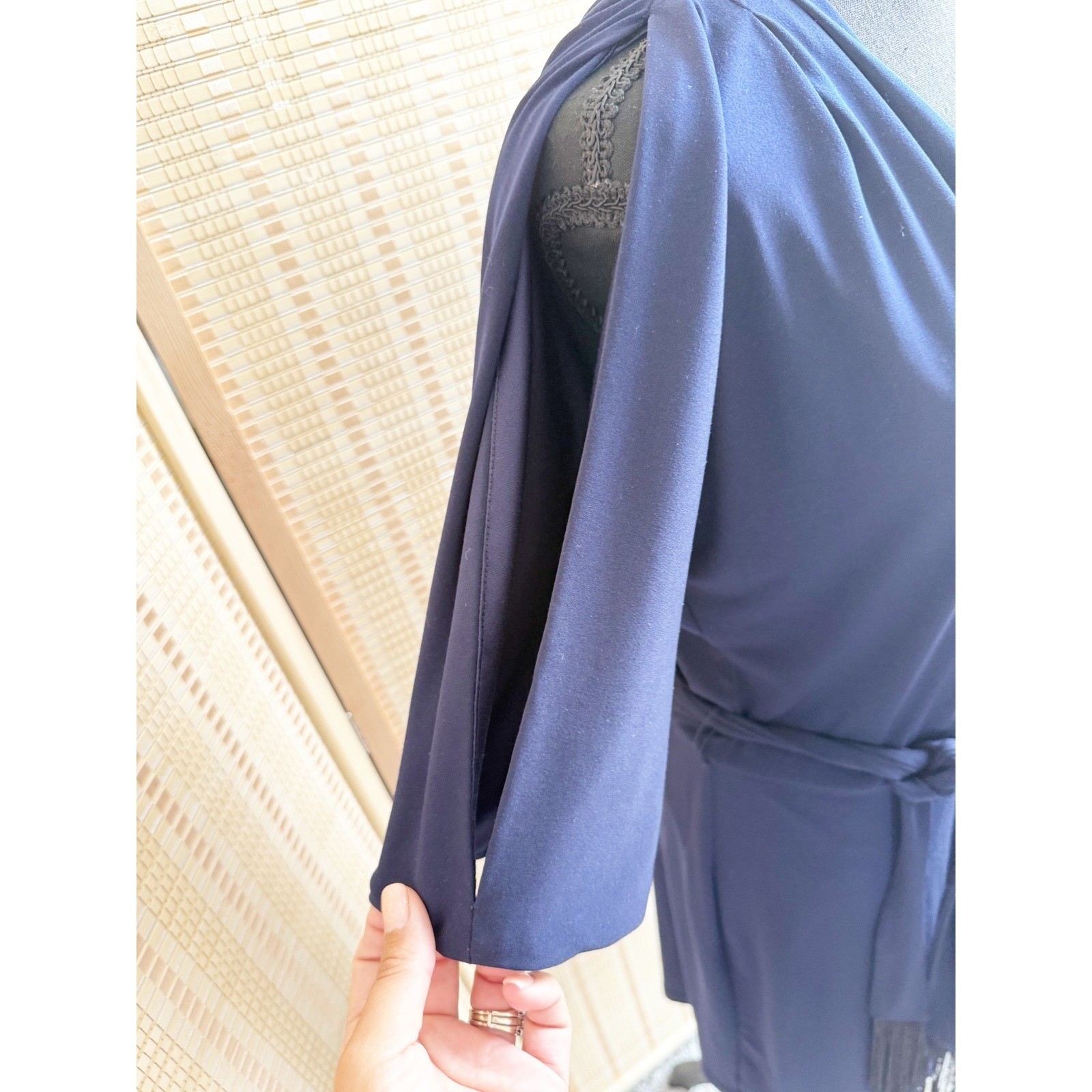 Jessica Simpson Navy Blue Faux Wrap Mini Dress Cold Shoulder Tassel Belt Size M