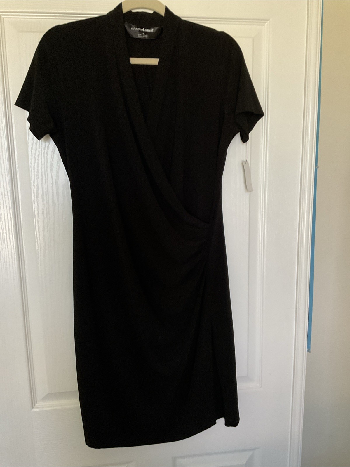 Norma Kamali Black S/S Ruched Side Drape Sheath Dress L (12-14) NWT
