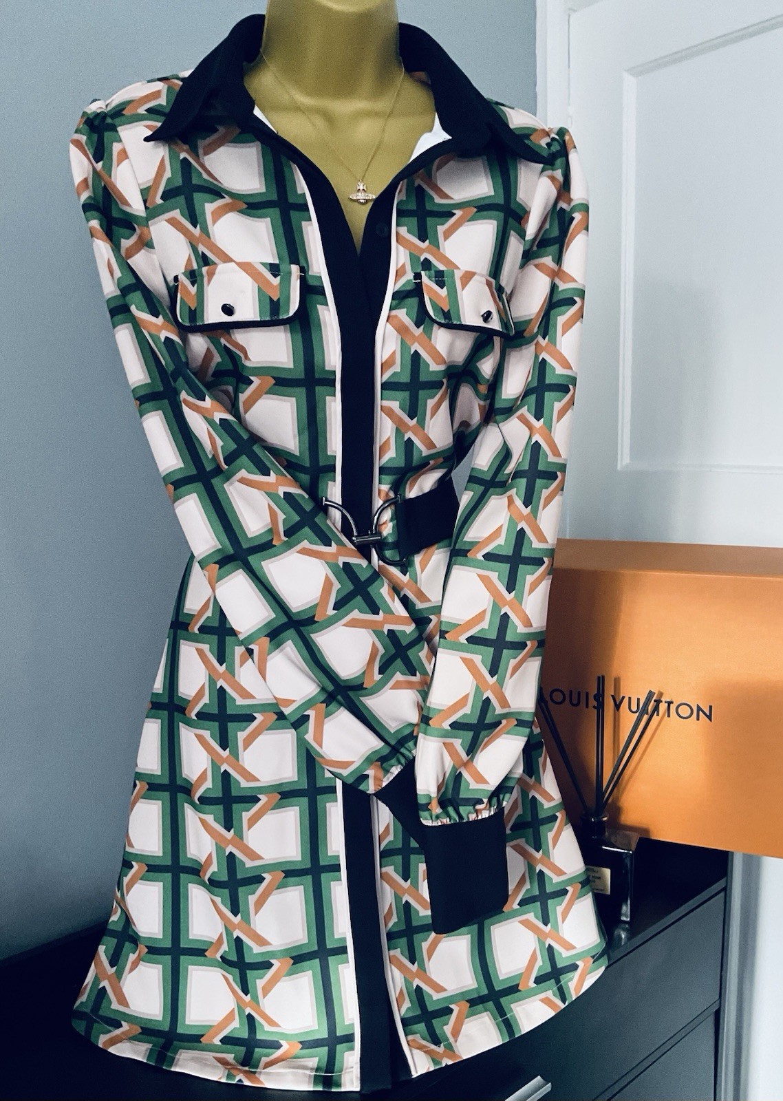 Pristine Karen Millen Twill Tie Border Print Woven Midi Shirt Dress Stunning 12