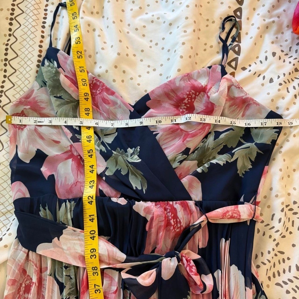 Premier Amour Size 14 Navy & Pink Floral Pleated Handkerchief Maxi Dress
