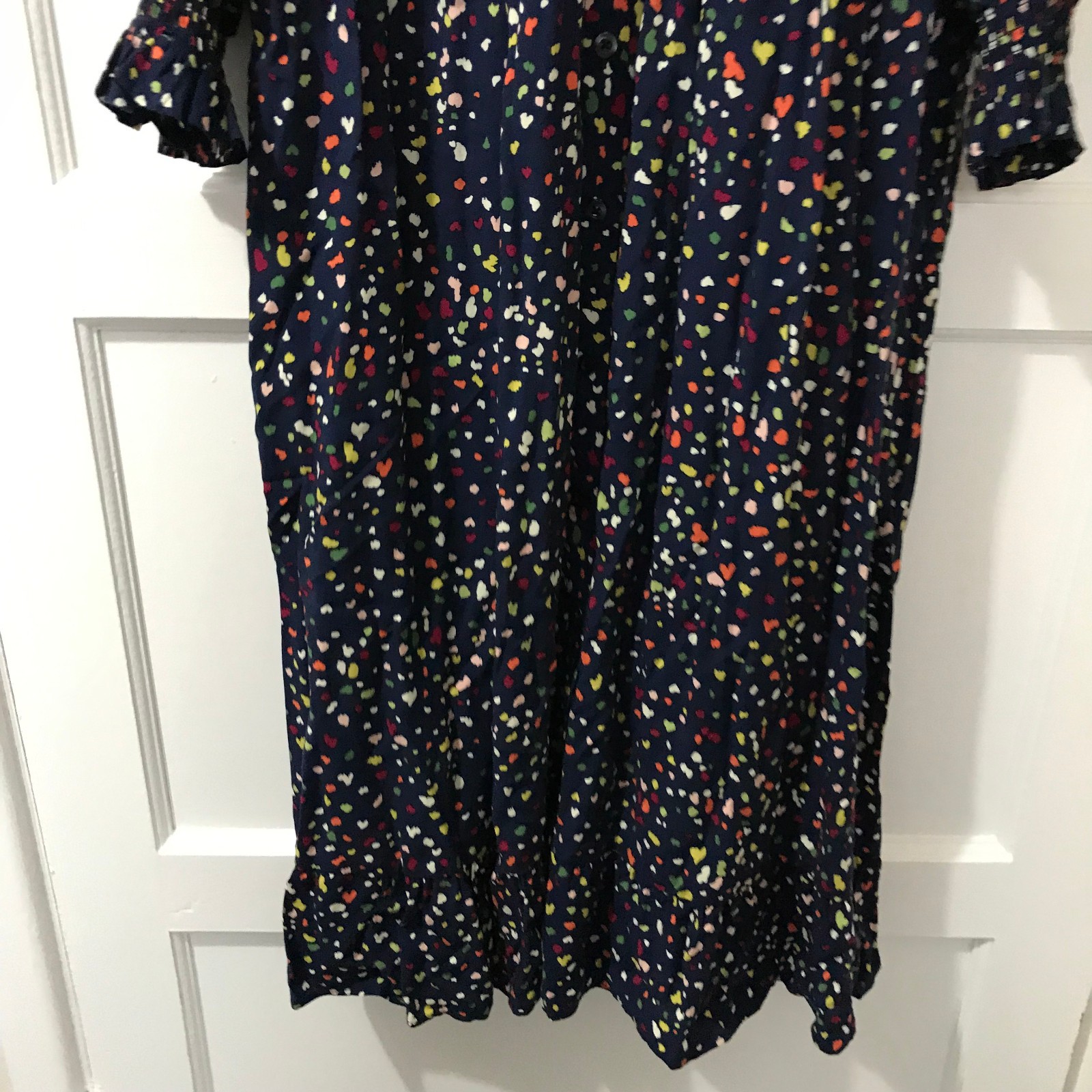 Feather Bone Midi Dress Womens Size XS 8 Navy Blue Spotty Long Sleeve Ruffle