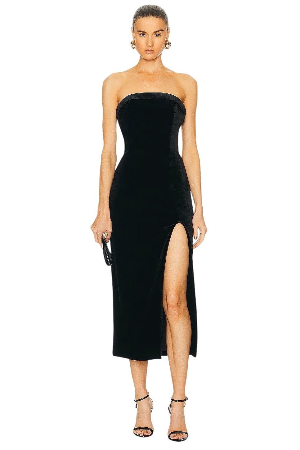 NICHOLAS Adiba Strapless Round Edge Midi Dress in Black 4 New Womens