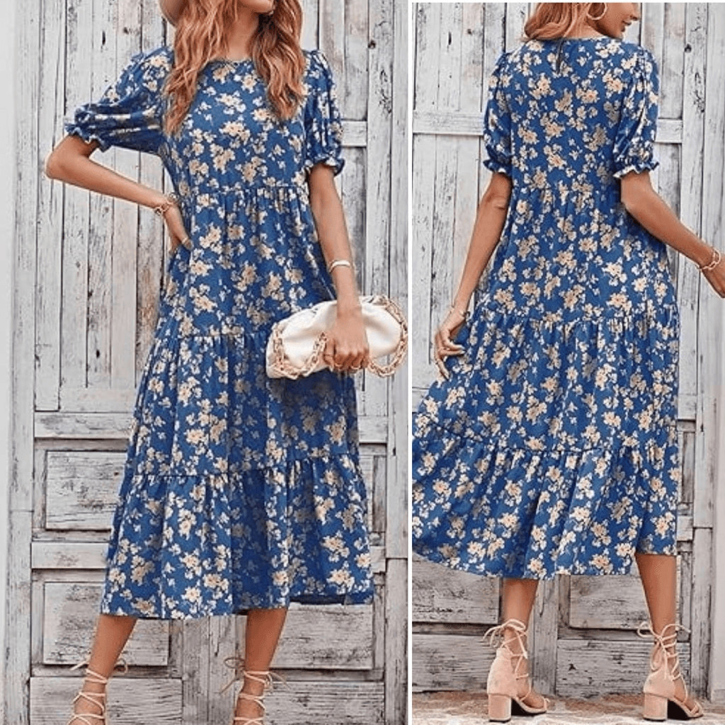 PRETTY GARDEN Cornflower Blue Floral Tiered Midi Dress-XL {NWT}