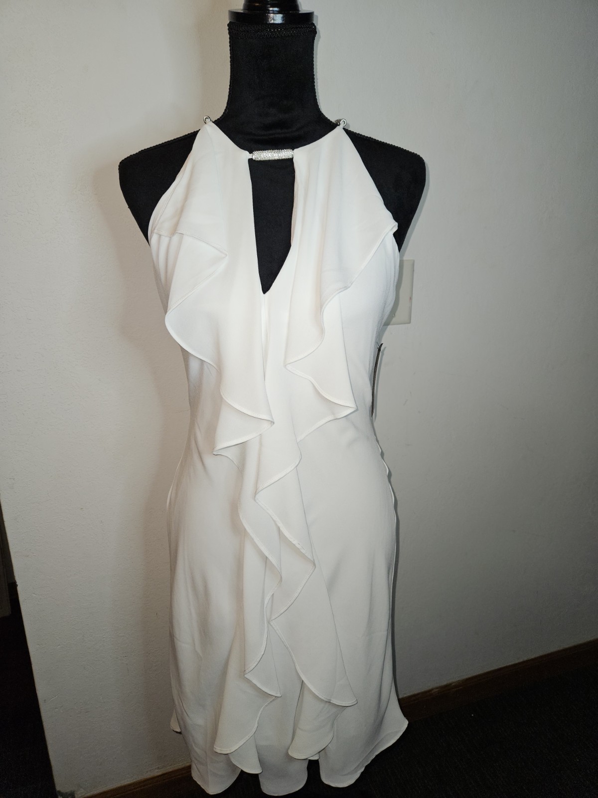 Venus White Ruffle Beaded Keyhole Sheath Dress Chiffon Knee Length Size 8
