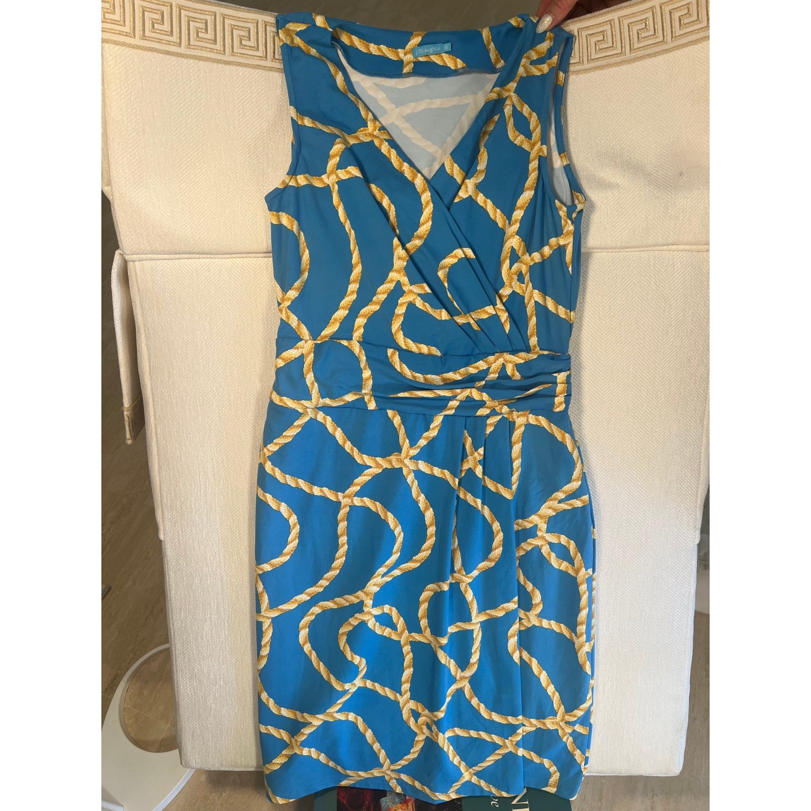 J.McLaughlin XS Blue Yellow Nautical Rope Print Faux Wrap Sleeveless Dress