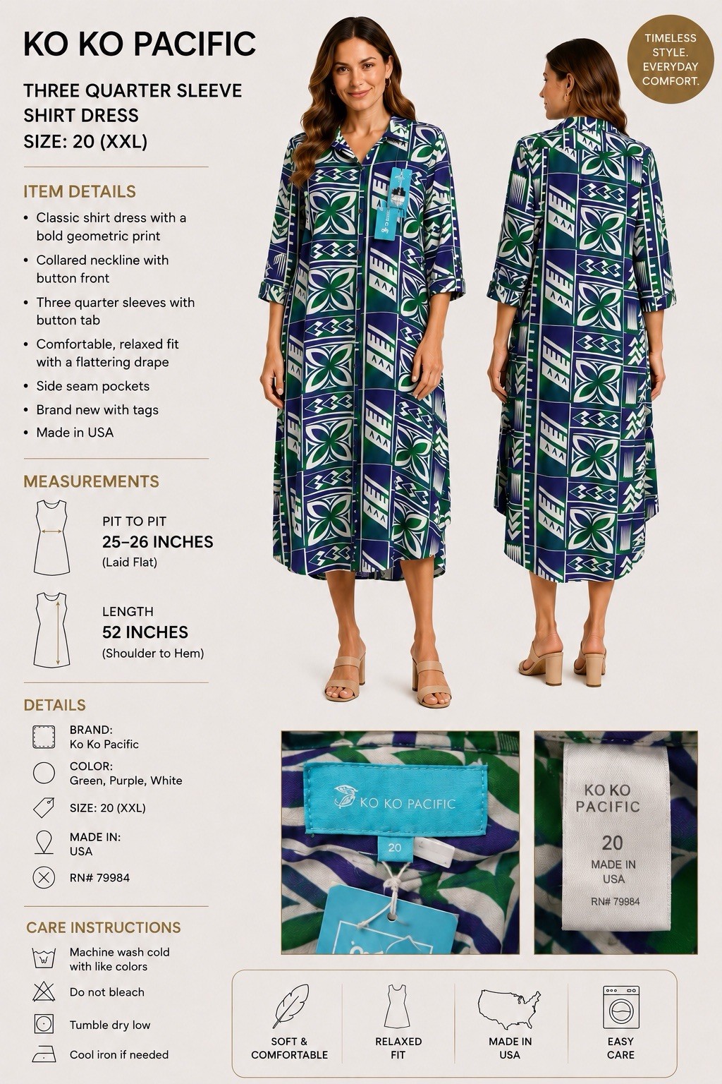 Koko Pacific Green, Purple & White Three-Quarter Sleeve Shirt Dress
