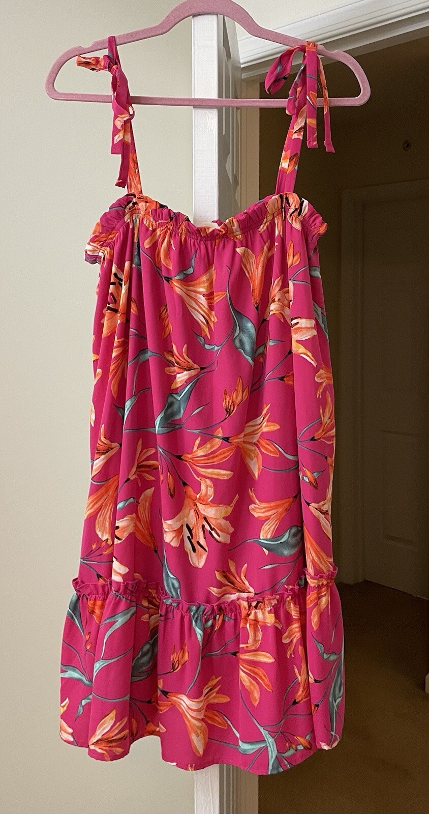 Peach Love Dress Pink Tropical Floral Sundress Coastal Gypsy Woman’s Large