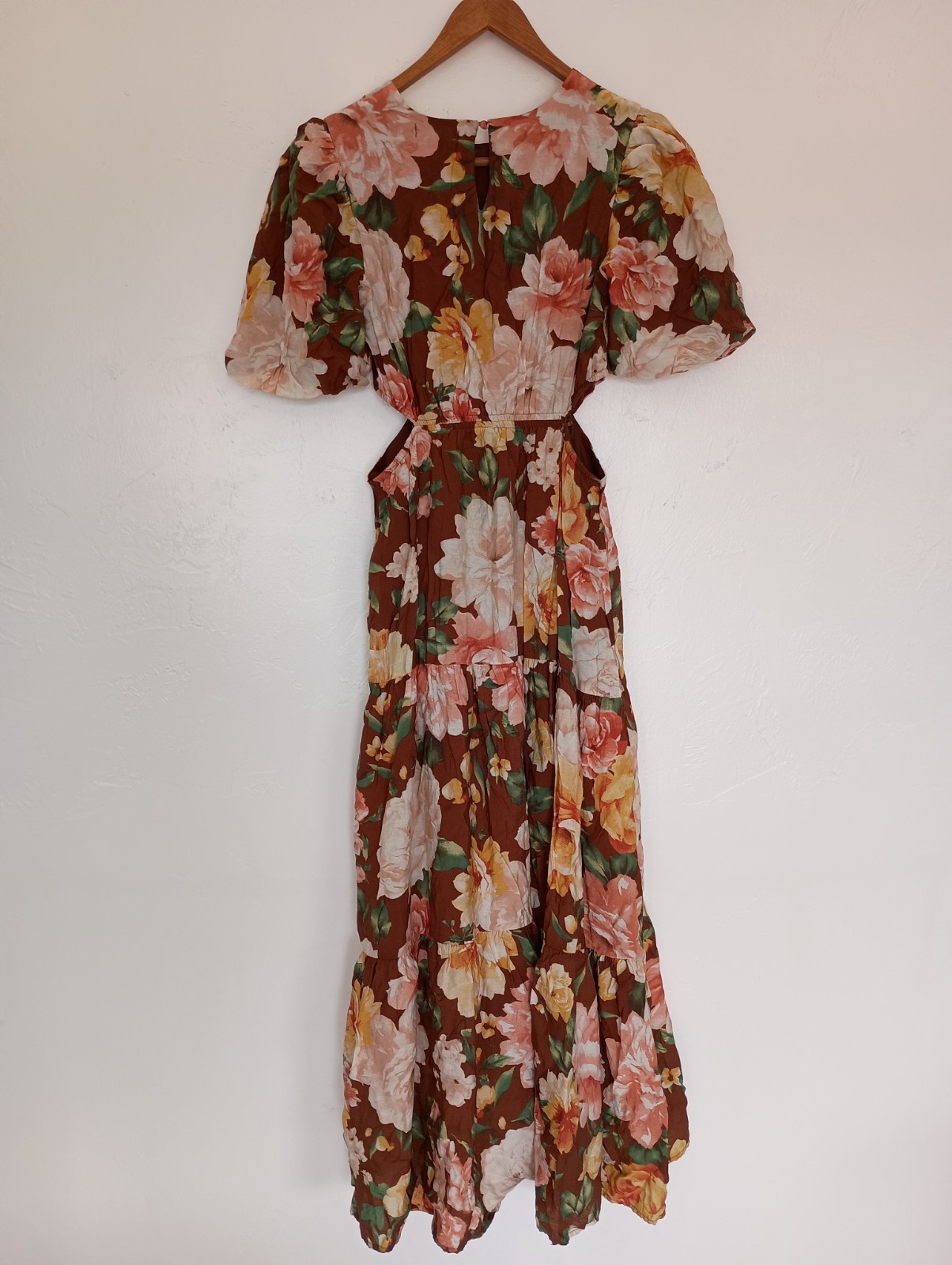 Anthro by the River Floral Puff Sleeve Cut-Out Midi Dress S Regular A-Line Maxi