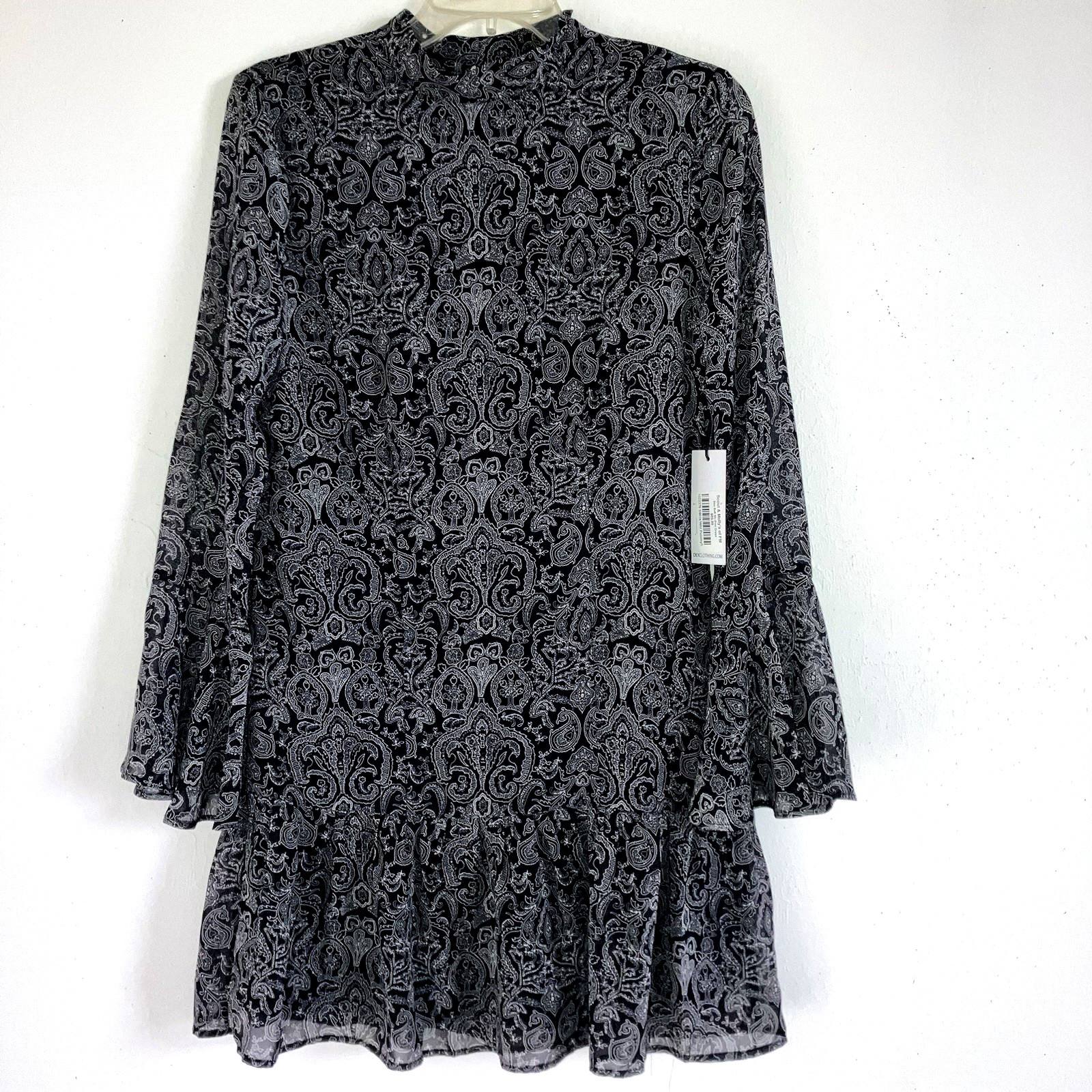 DAX S Black & White Chiffon Long Bell Cuff Sleeve Knee Dress Lined Flowy LBD