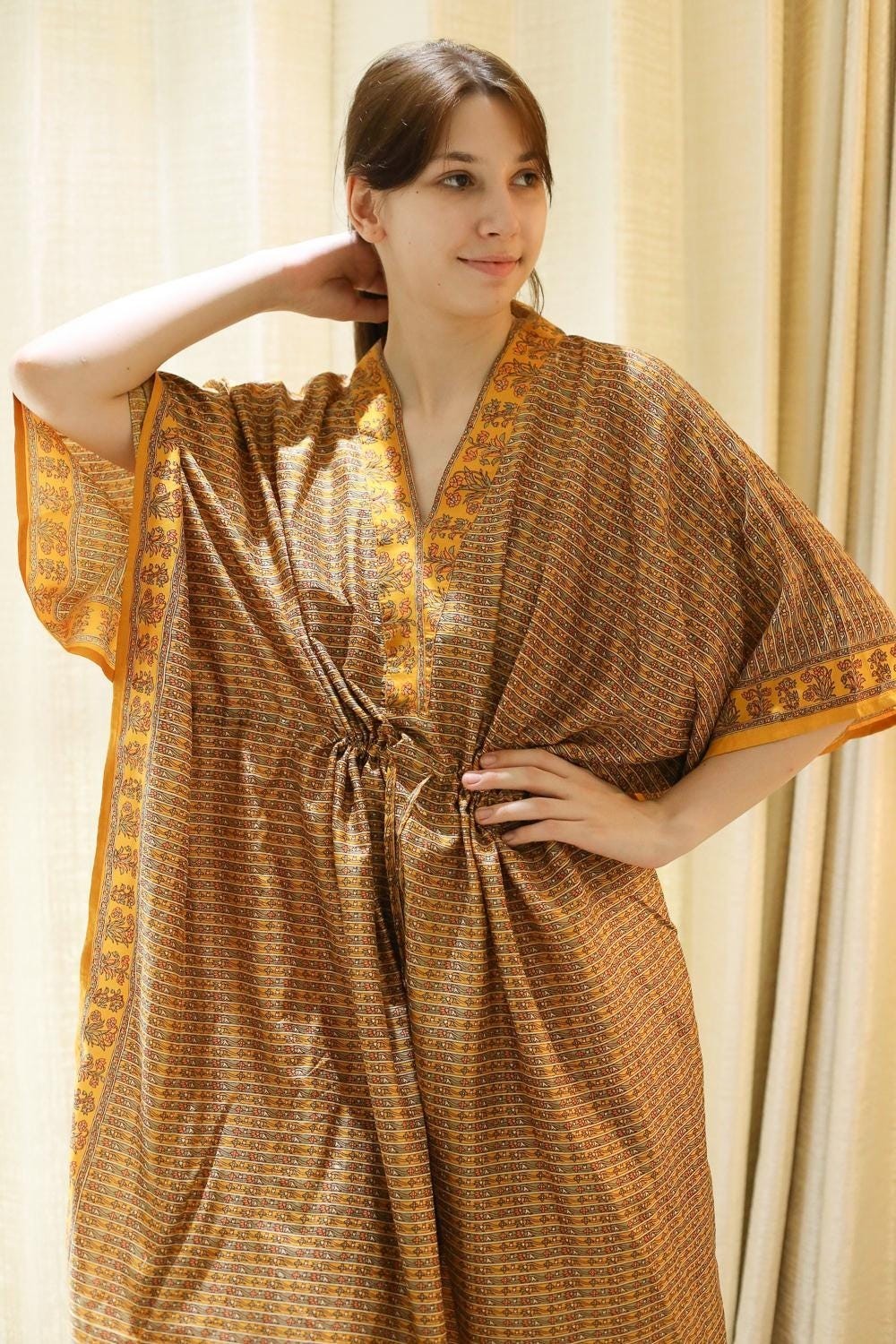 Silk Yellow Kaftan / Handmade Flowy Maxi Dress / Resort Wear Outfit PS MFN1006