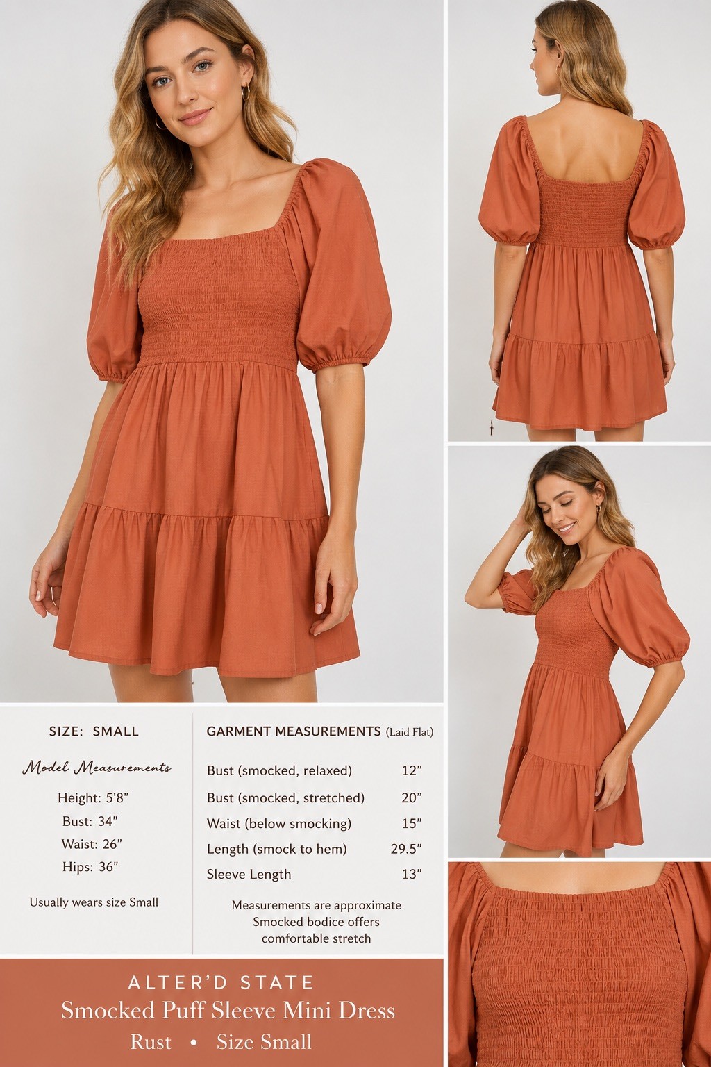 Alter’d State Dress Womens Small Rust Smocked Puff Sleeve Tiered Mini Boho