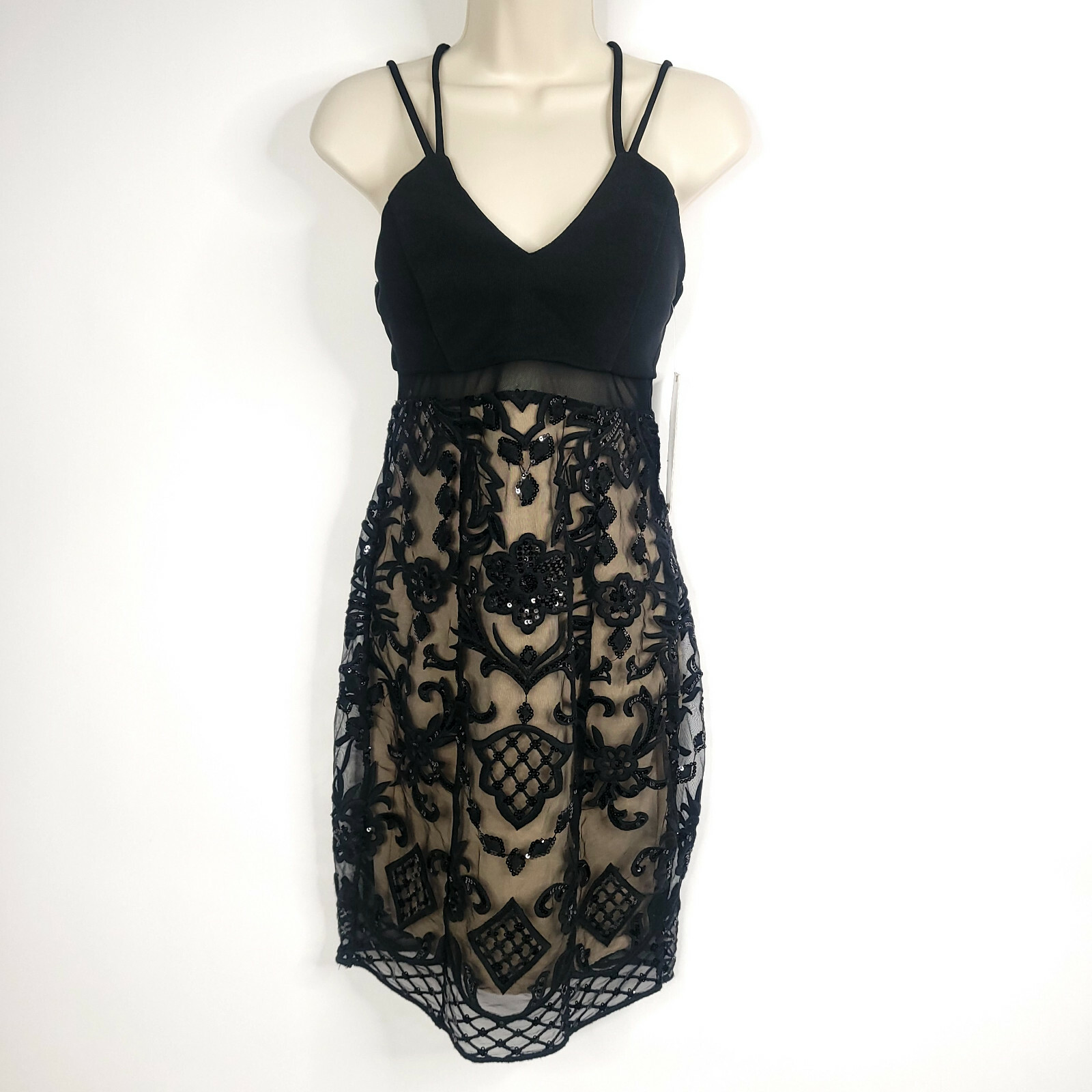 Emerald Sundae Womens Dress 3 Black Floral Sleeveless Straps Embroidered Sequin