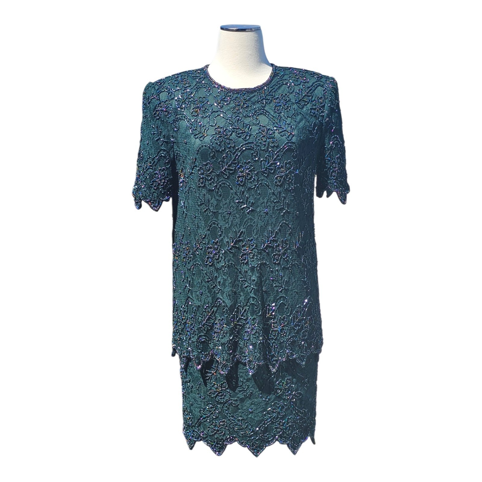 Vintage Brilliante By J.A. 80’s Glam Sequin Lace Green Beaded Dress Sz LP