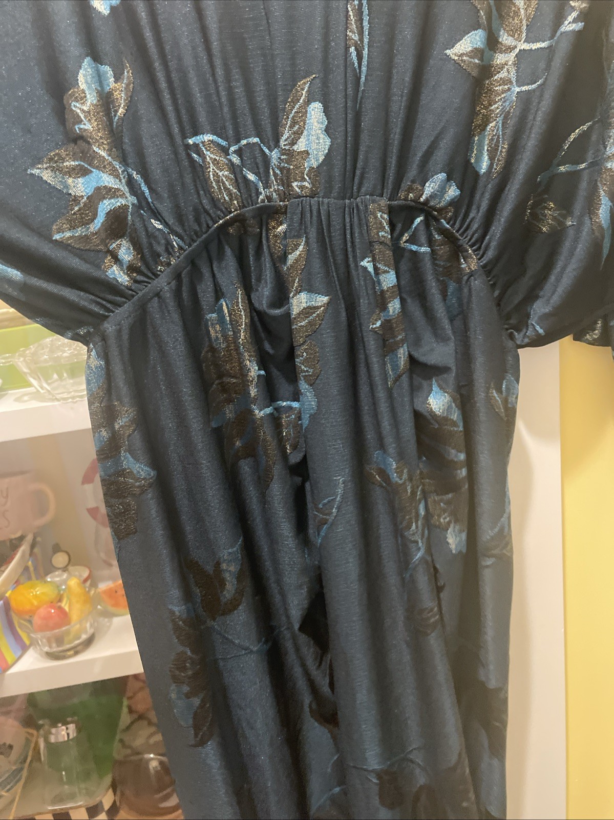 NWT Baltic Børn Shaneen Ruched Jade Midi Dress Size M Teal Gold V Neck Dolman
