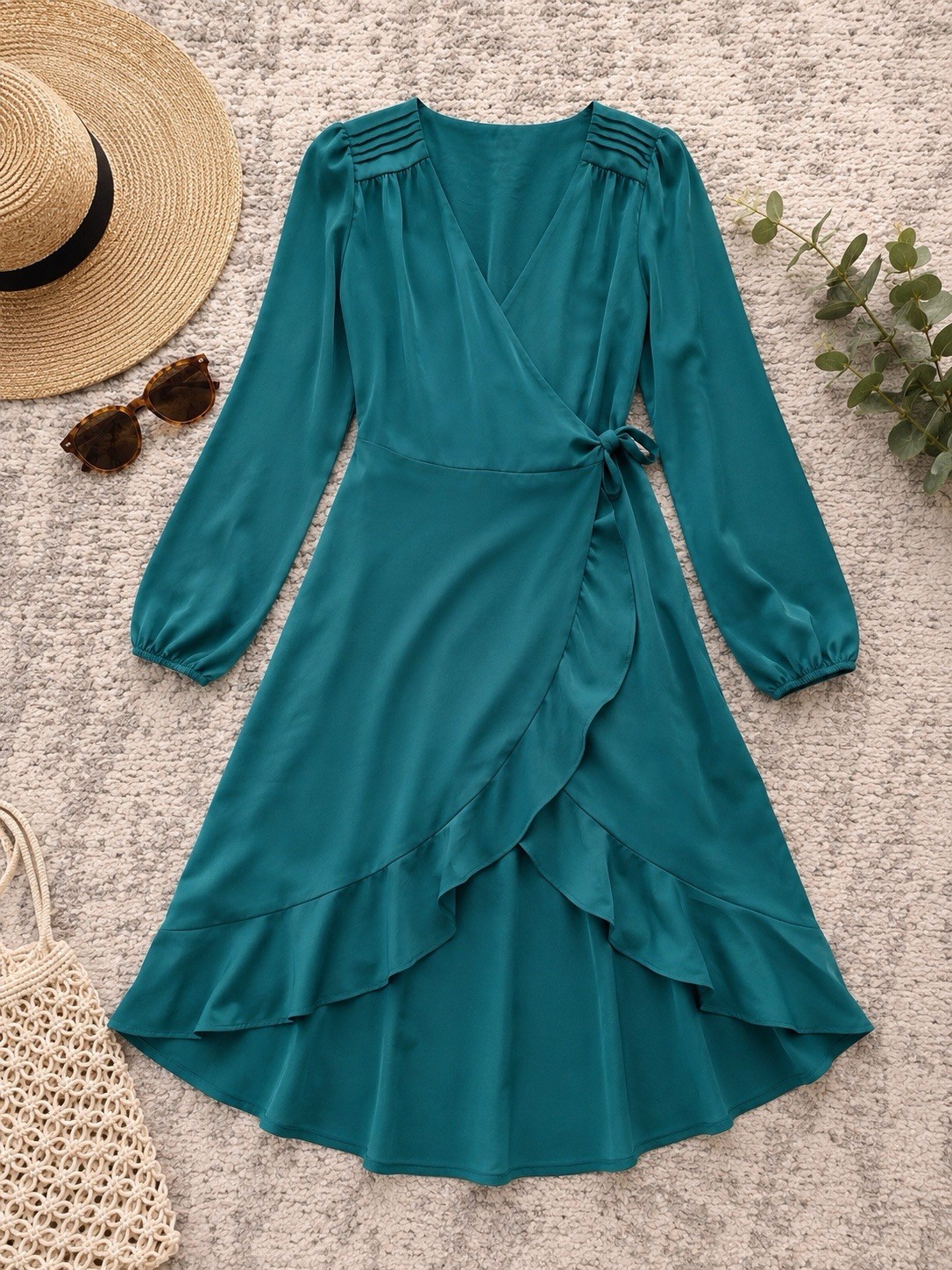 REVEROF Green Satin Wrap Midi Dress V-Neck Puff Long Sleeve Ruffle S