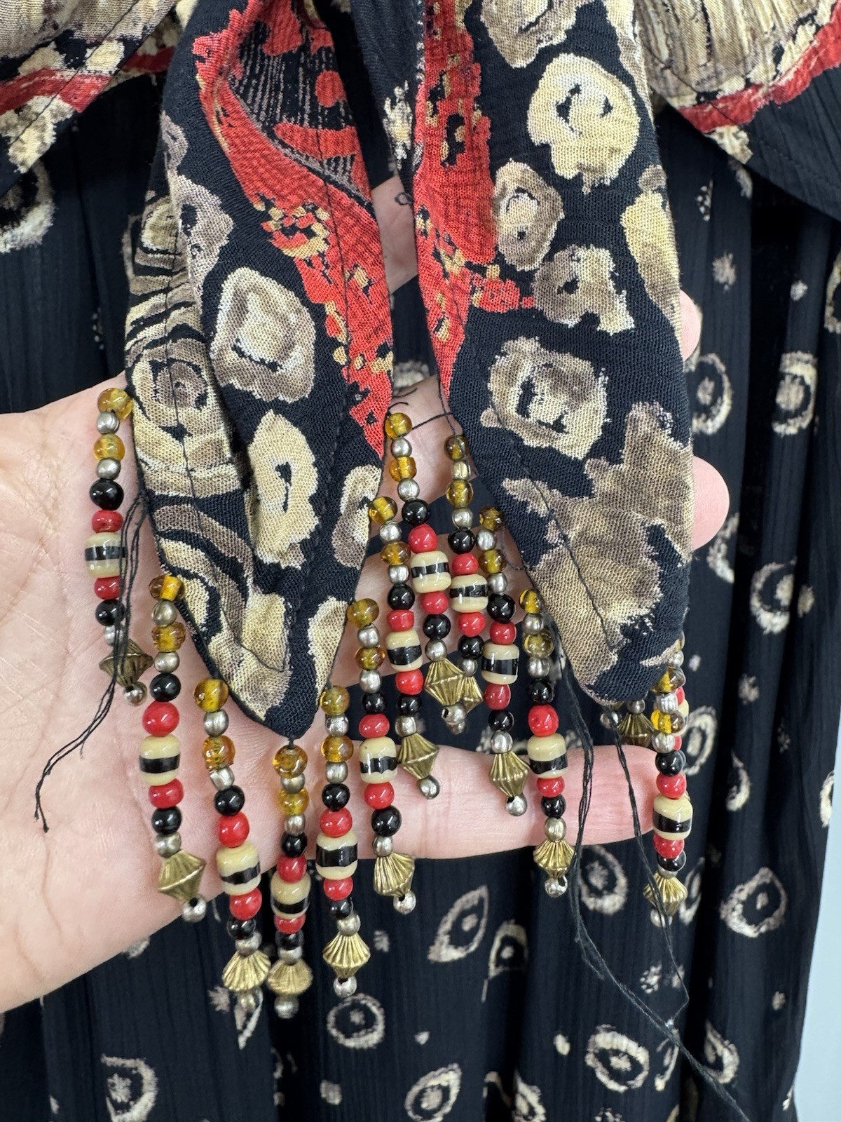 vintage Carole Little mixed-print boho maxi dress.