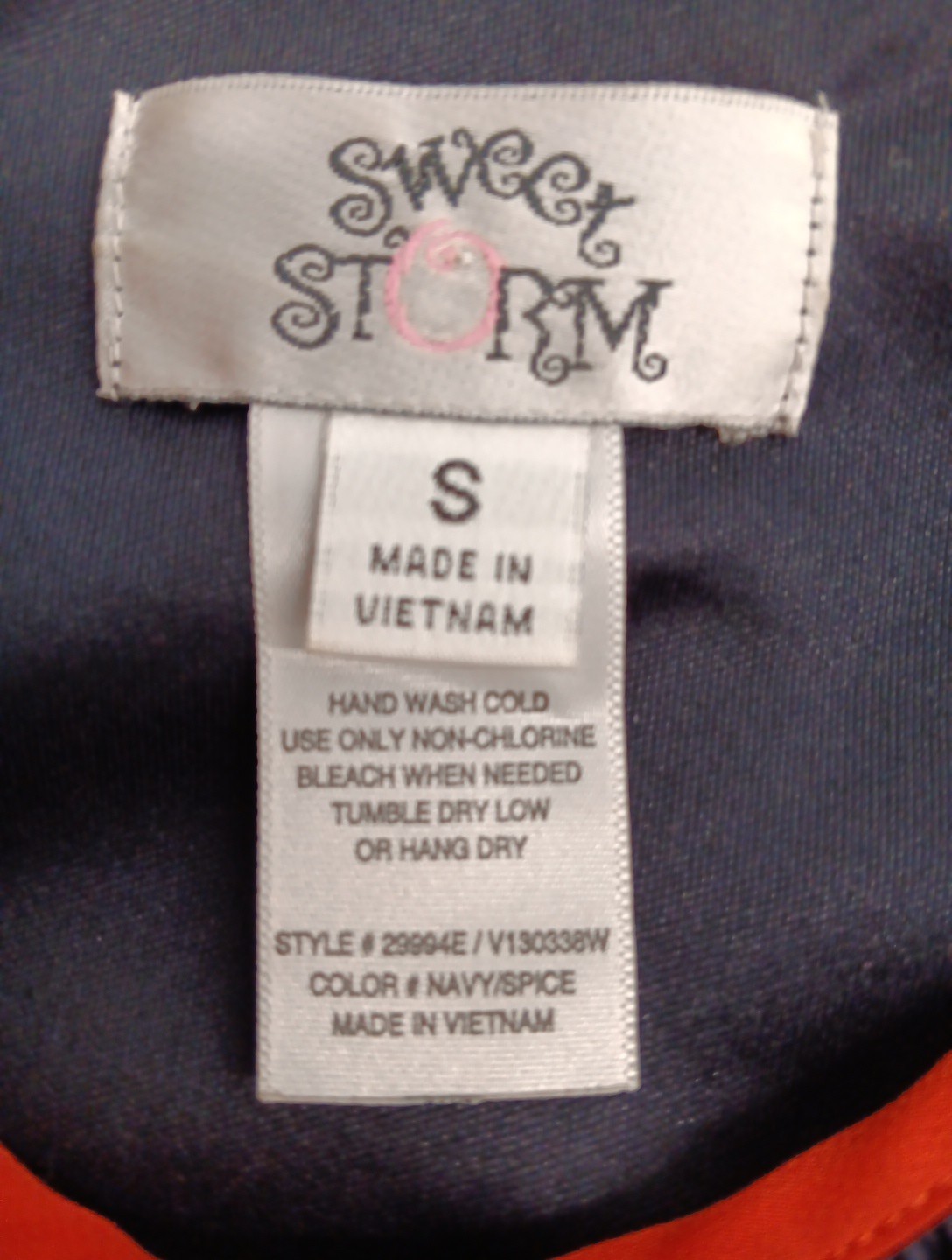 Sweet Storm Dress Small Navy Orange 3/4 Split Sleeves Elastic Waist Tie Belt EUC