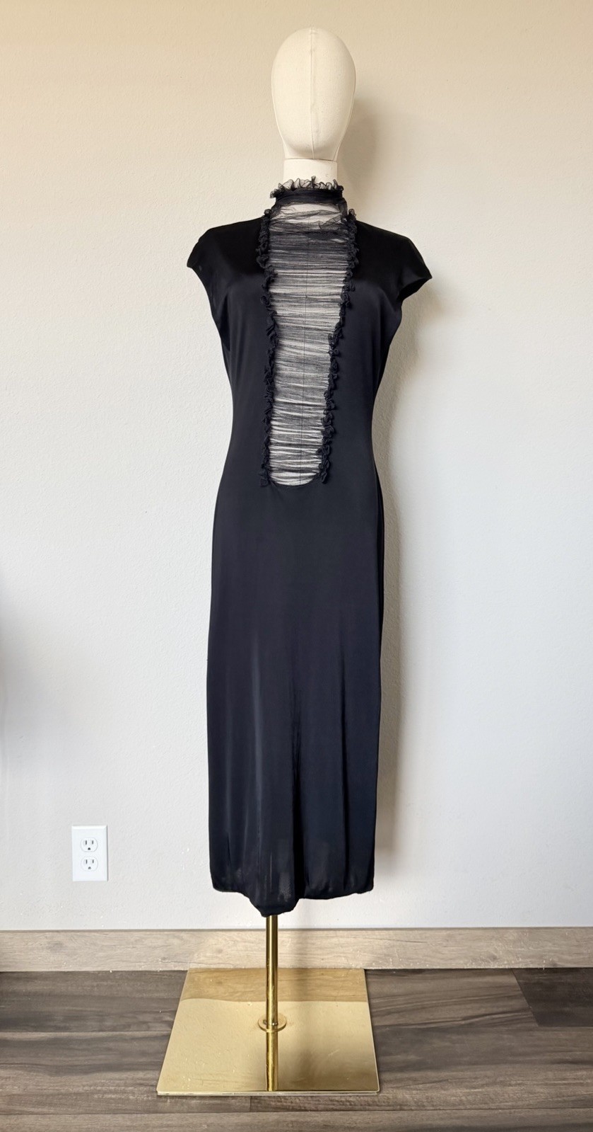 Y2K 90s Vintage Vera Wang Size 10 Black Rushed Mesh Midi Dress Silk Blend *READ