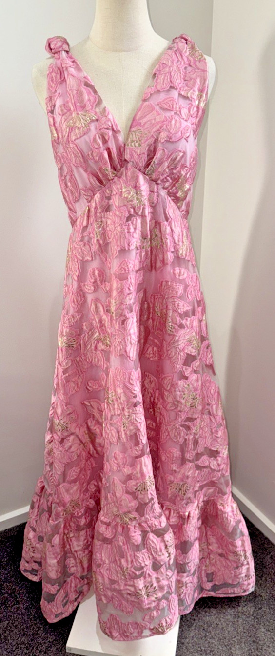 Gingham & Heels Pink & Gold Maxi Dress – Size 12- BNWT – Measurements in Listing