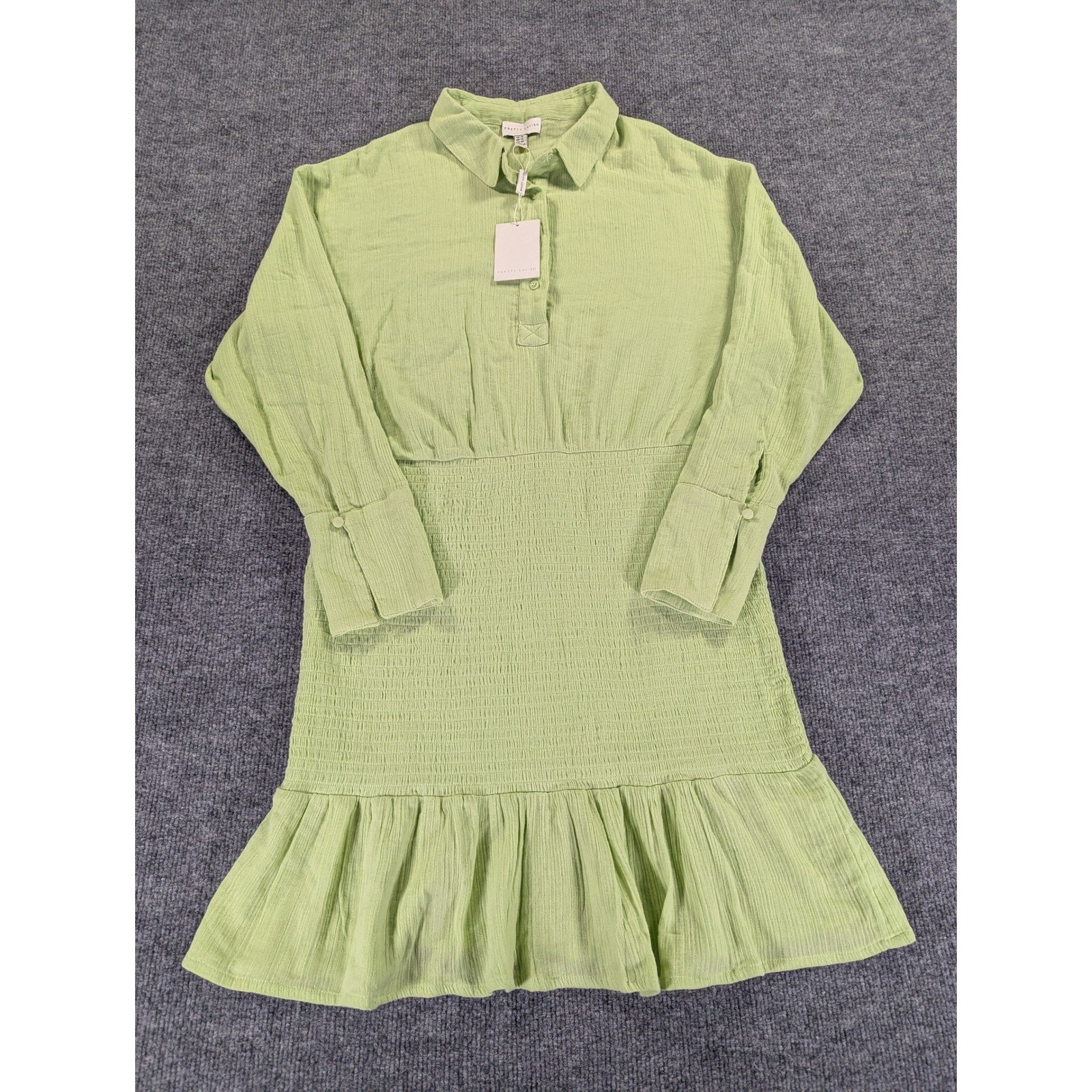 Pretty Lavish Lime Green Smocked Waist Cotton Mini Dress Long Sleeve Size US 12