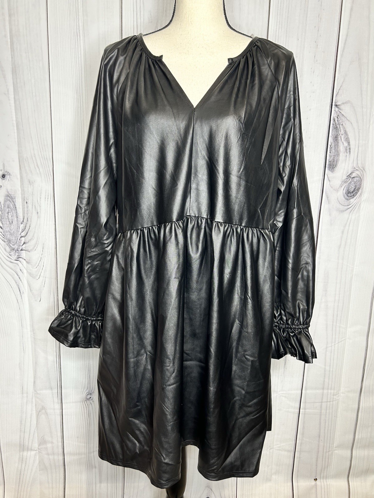 NWT First Love by Lovelyn Black Faux Leather Long Sleeve Mini Dress Womens Sz M